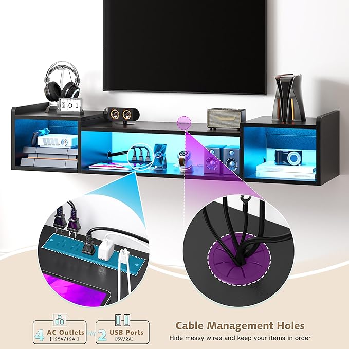 55.1"W Floating TV Stand with LED Lights & Power Outlets