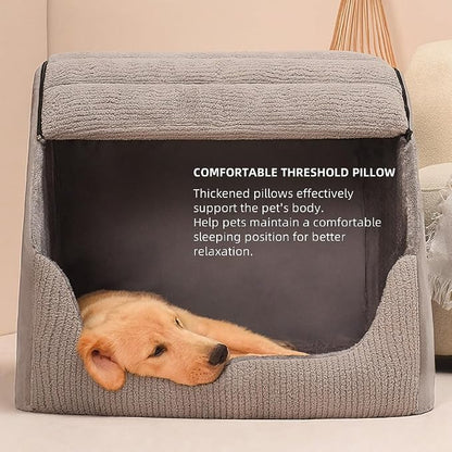 Extra Large Dog Bed House, Cozy Dog House Indoor, Memory Sponge, Plush Dog Cave Bed Crate Cushion with Non-Slip Bottom for Medium Large Dogs (Grey, L)