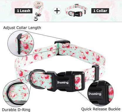 Ihoming Puppy Collar and Leash Set for Daily Outdoor Walking Running Training, Floral GreenLake Design for Extra Small Boys Girls Dogs Cats Pets, XS-Up to 10LBS