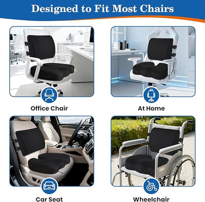 TushGuard Back&Seat Cushion, Car Seat Office Chair Cushions, Memory Foam Lumbar Back Support Pillow, Portable Airplane Seat Cushion for Travel, Computer Desk, Wheelchair, Driving (Black, X-Large)