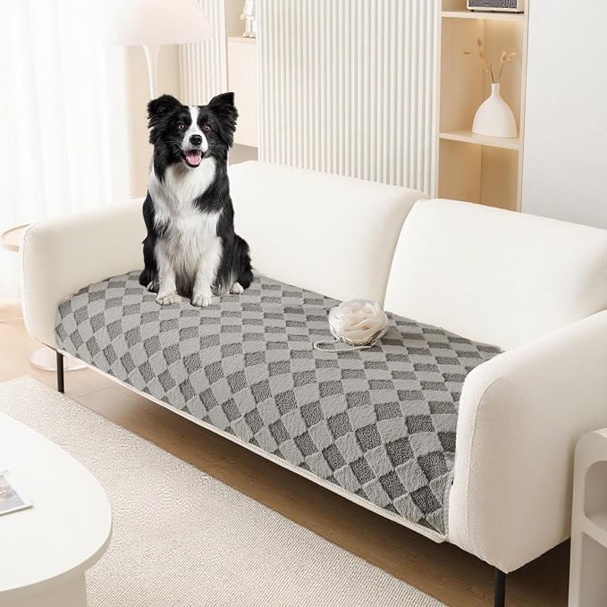 HANDONTIME Non-Slip Pet Couch Cover Washable, Plush Faux Fur Couch Protector for Cushion Pet-Friendly Sofa Covers for Dogs, Checkered Diamond Sectional Covers Dog Mat for Sofa (Grey, 35.6" x 63")