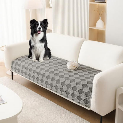 HANDONTIME Non-Slip Pet Couch Cover Washable, Plush Faux Fur Couch Protector for Cushion Pet-Friendly Sofa Covers for Dogs, Checkered Diamond Sectional Covers Dog Mat for Sofa (Grey, 35.6" x 63")