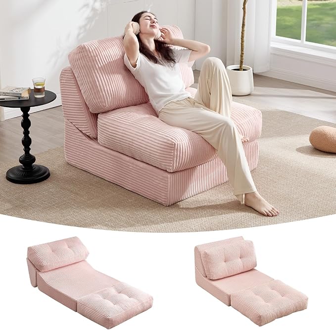 Tbfit Folding Sofa Bed, Convertible Sleeper Chair with Large Pillow, Corduroy Folding Couch Bed, Portable & Foldable Mattress Boneless Floor Sofa for Living Room, Bedroom, Office, Pink, Single