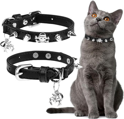 EXPAWLORER Leather Cat Collar for Girl Boy- Adjustable Pet Collar with Safety Elastic Belt,Personalized Punk Accessories Buckle Collars with Bell & Durable D-Ring,Rivet(Black)