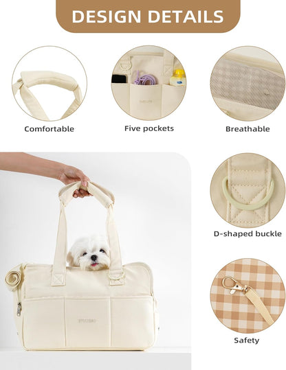 Dog Purse Carrier for Small Dogs Rabbit cat with Large Pockets, Cotton Bag, Dog Carrier Soft Sided, Collapsible Travel Puppy Carrier (Beige, 13.6" L x 6.5" W x 10" H)