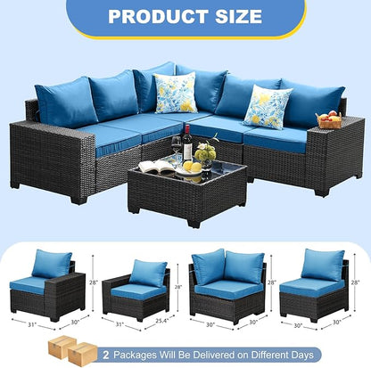 SunloungeCo Patio Furniture Set, 6 Pieces Outdoor Couch Sofa with Wider Armrests & Glass Coffee Table, Outdoor Sectional Furniture with Thick Cushions for Party, Poolside,Garden-Peacock