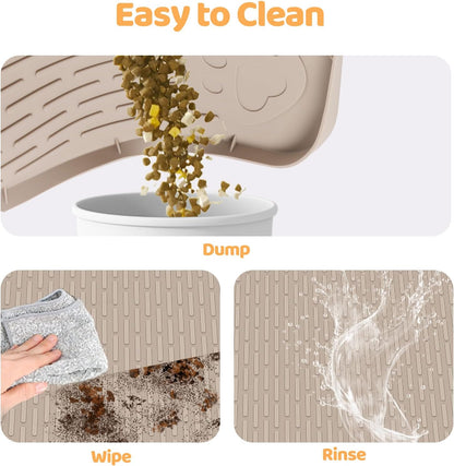Cat Food Mat, 40" x 28" Extra Large Silicone Pet Feeding Mat with Raised Edge Pet Placemat for Food and Water Bowl Non-Slip, Easy to Clean, Floor Protection (Khaki)