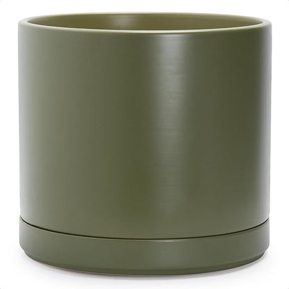 D'vine Dev 14 Inch Ceramic Planter Pot, Olive, 94-O-G-J | Modern Cylinder Design, Drainage Hole & Saucer Included, Stable Structure, Elegant Home Accent