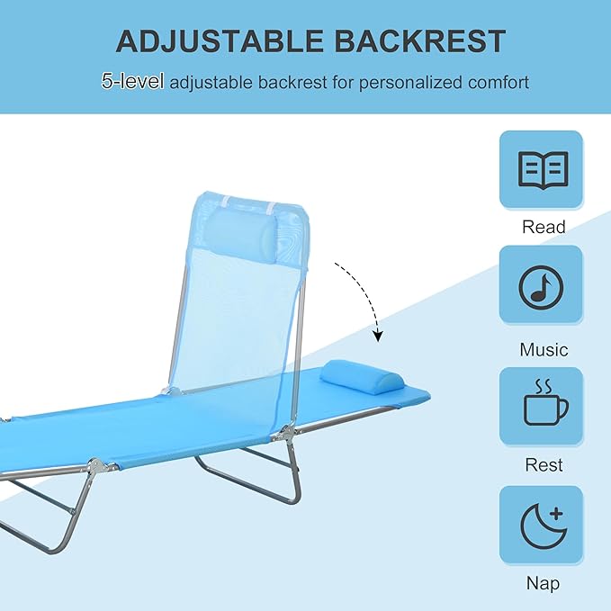 Outsunny Folding Chaise Lounge Pool Chairs, Outdoor Sun Tanning Chairs with Pillow, Reclining Back, Steel Frame & Breathable Mesh for Beach, Yard, Patio, Blue