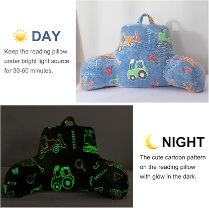 Holawakaka Boys Glow in The Dark Construction Truck Reading Pillow, Backrest Pillow with Excavator, Tractor & Crane Print, Soft Luminous Flannel Bed Rest Back Cushion for Kids, Teens Gifts