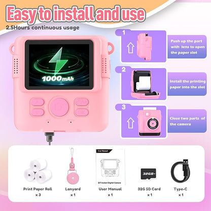 Instant Print Camera for Kids, Christmas Birthday Gifts Girls Boys Age 3-12, HD Digital Video Cameras Toddler, Portable Toy 3 4 5 6 7 8 9 10 Year Old Girl with 32GB SD Card-Pink