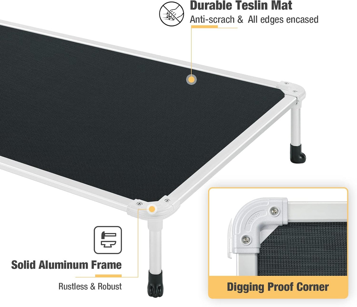 Veehoo Chew Proof Elevated Dog Bed - Cooling Raised Pet Cot - Silver Aluminum Frame and Durable Textilene Mesh Fabric, Unique Designed No-Slip Feet for Indoor or Outdoor Use, Black, 42"x 31"