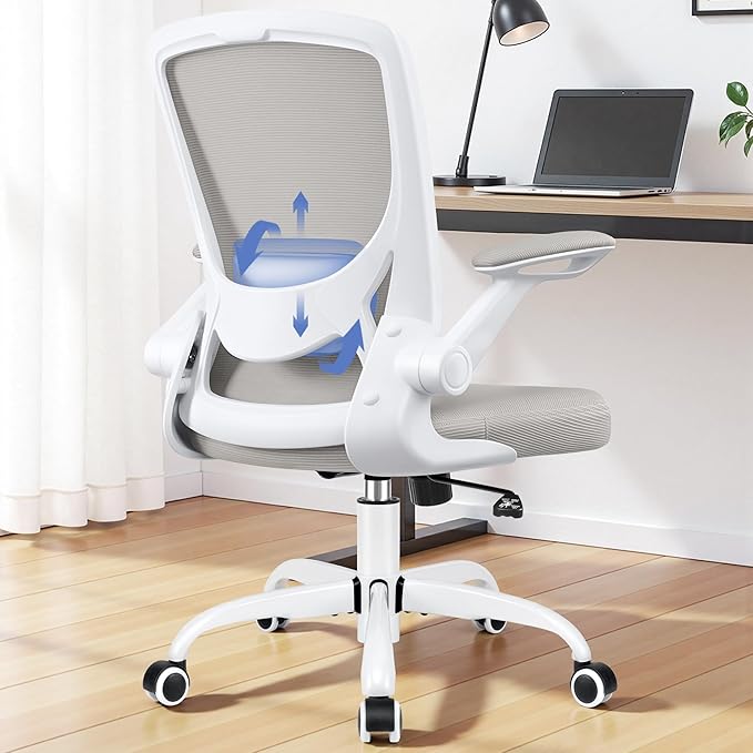 Ergonomic Office Chair, Mesh Computer Chairs with Lumbar Support, Swivel Desk Chair with Flip-up Arms and Adjustable Height, Light Gray