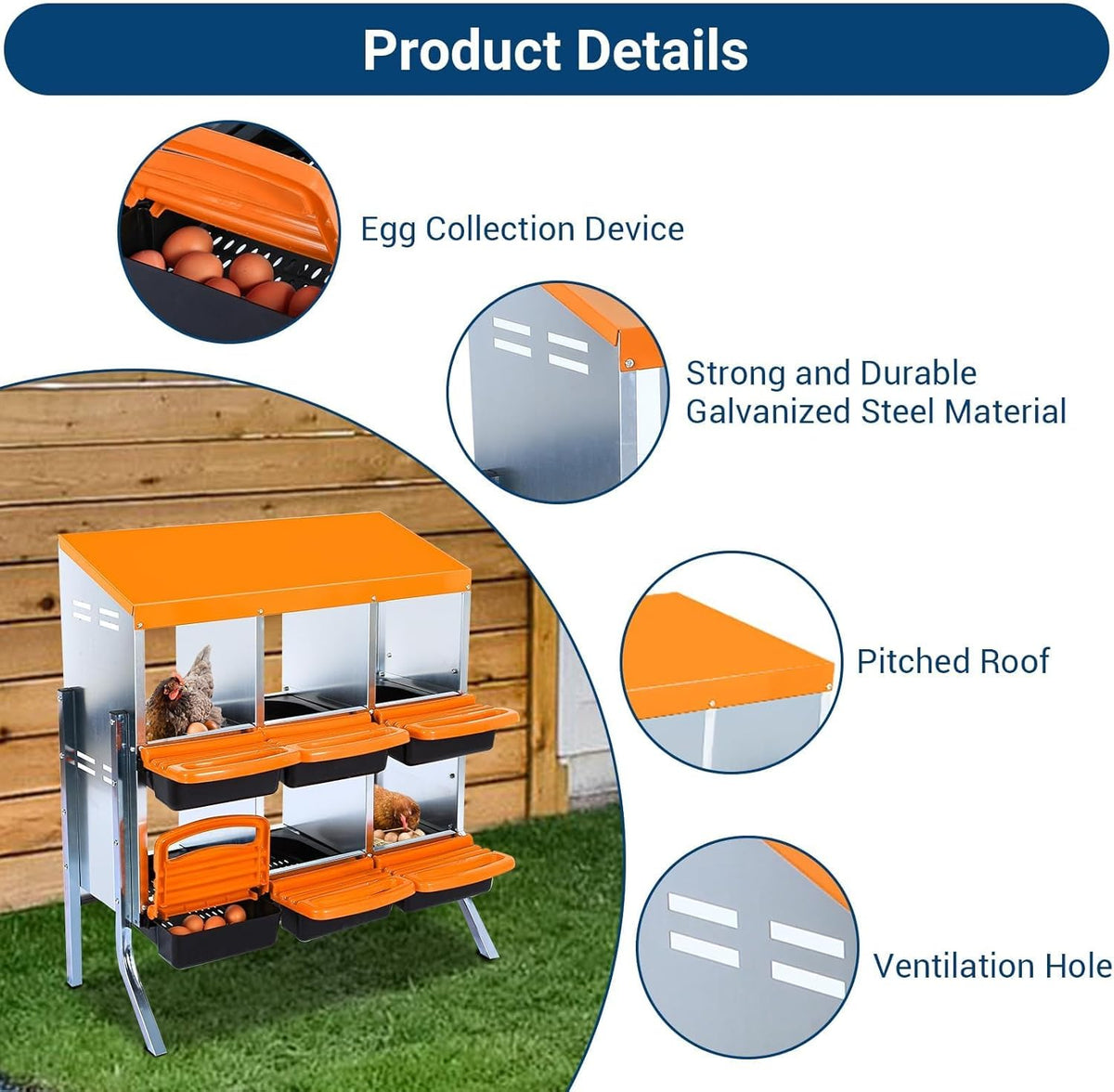 Chicken Nesting Boxes, 6 Hole Metal Chicken Laying Box with with Removable Trays and Roll Out Egg Collection for Chicken Coop, with Metal Bracket, Orange