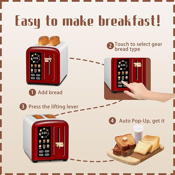 SEEDEEM Toaster 2 Slice with Touch Screen, Faster Heating Speed, 7 Shade Setting