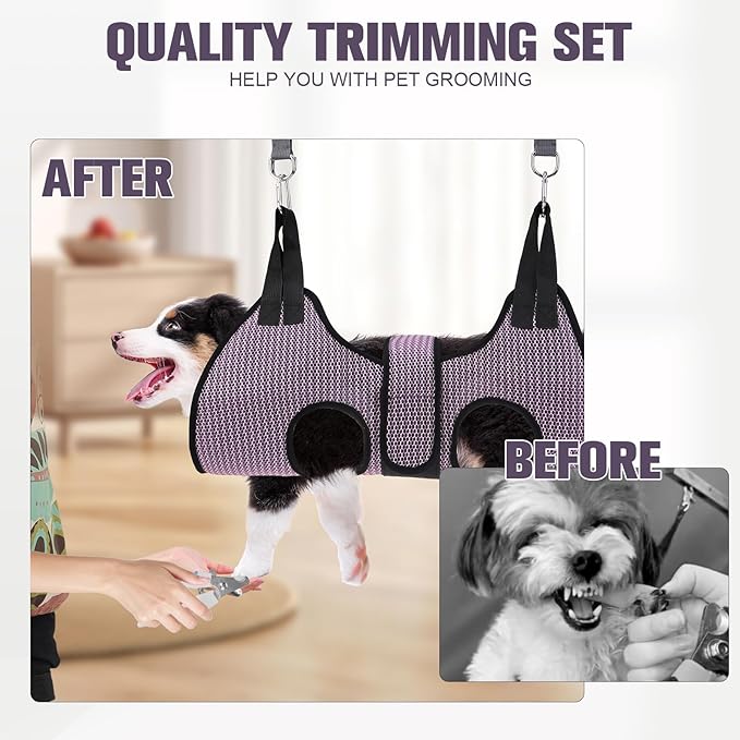 PAWCHIE Dog Grooming Hammock Harness for Dogs & Cats with Pet Nail Clipper Trimmer- Breathable Cat Hanger Sling for Trimming Clipping Nails-Dog Hammock Restraint Bag for Small Medium Large Dog, Pink M