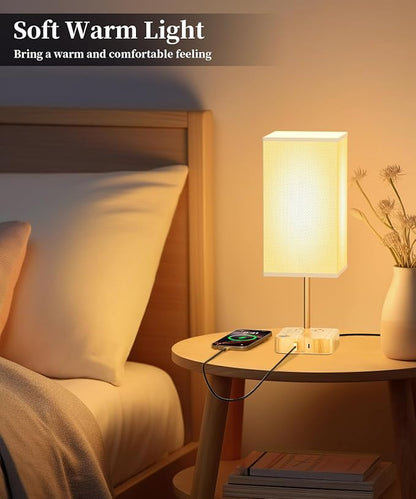 cozoo USB Bedside Table Desk Lamp with 2 USB Charging Ports and 2 AC Outlets,Dimmable Nightstand Lamp with Charger Base White Fabric Shade, LED Light Lamp for Bedroom/Nightstand/Living Room