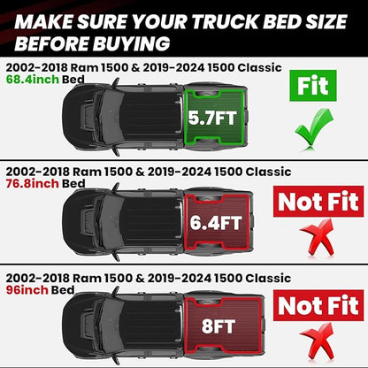 LASFIT 5FT7 Truck Bed Mat for Ram 1500 2002-2018 & 1500 Classic 2019-2024 (5.7 FT/67.4 inches) NOT for Optional Rambox, All Weather Custom Fit TPE Truck Bed Liner