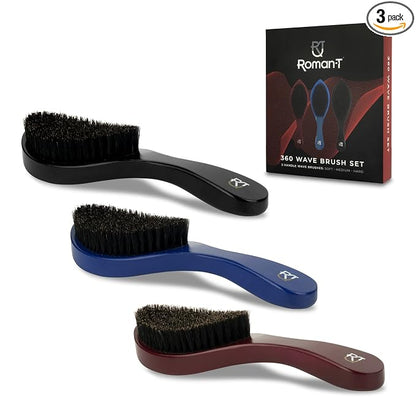 Roman-T Men's 360 Wave Brush Set - Three Handle Brushes for 360 Waves (Soft, Medium & Hard) - Grooming Gift Set