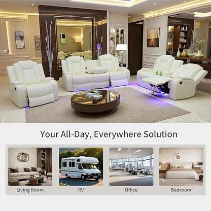 Toseslo Power Recliner Sofa Set, Leather 3 Pieces Sectional Couch, Living Room Furniture Sets with LED Light, Modern Power Reclining Sofa Sets with Storage Console for Living Room(Creamy White)