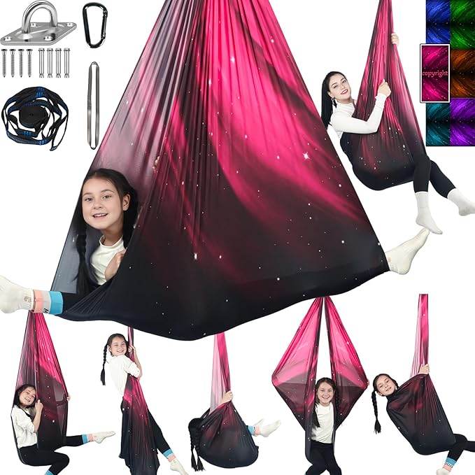 Sensory Swing for Kids Holds up to 300lbs Indoor & Outdoor Therapy Cuddle Swing with Hammock Hooks Hanger Kit for Calming, Effect for Autism, ADHD or SPD. (Space Pink)