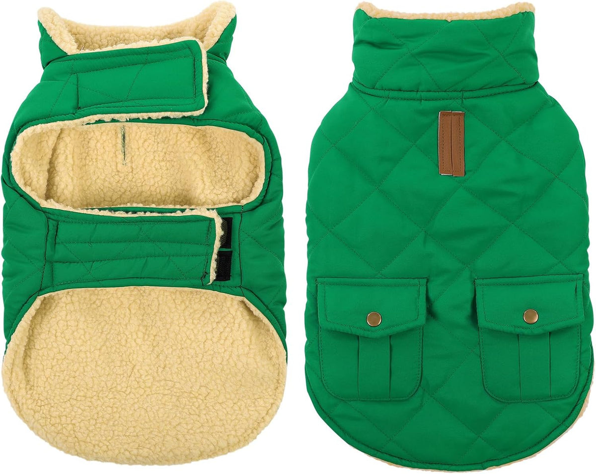 Queenmore Warm Dog Coat, Cold Weather Puffer Dog Coat Vest, Quilting Winter Pet Jacket Ultra Thick Plush Fleece Lining Pet Clothes for Dogs with Storage Pockets (Forest Green, Small)
