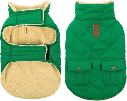 Queenmore Warm Dog Coat, Cold Weather Puffer Dog Coat Vest, Quilting Winter Pet Jacket Ultra Thick Plush Fleece Lining Pet Clothes for Dogs with Storage Pockets (Forest Green, Small)