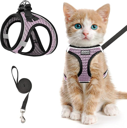Cat Harness and Leash for Walking Escape Proof, Adjustable Kitten Vest Harness Reflective Soft Mesh Puppy Harness for Outdoor, Comfort Fit, Easy to Control (Lpink, M)