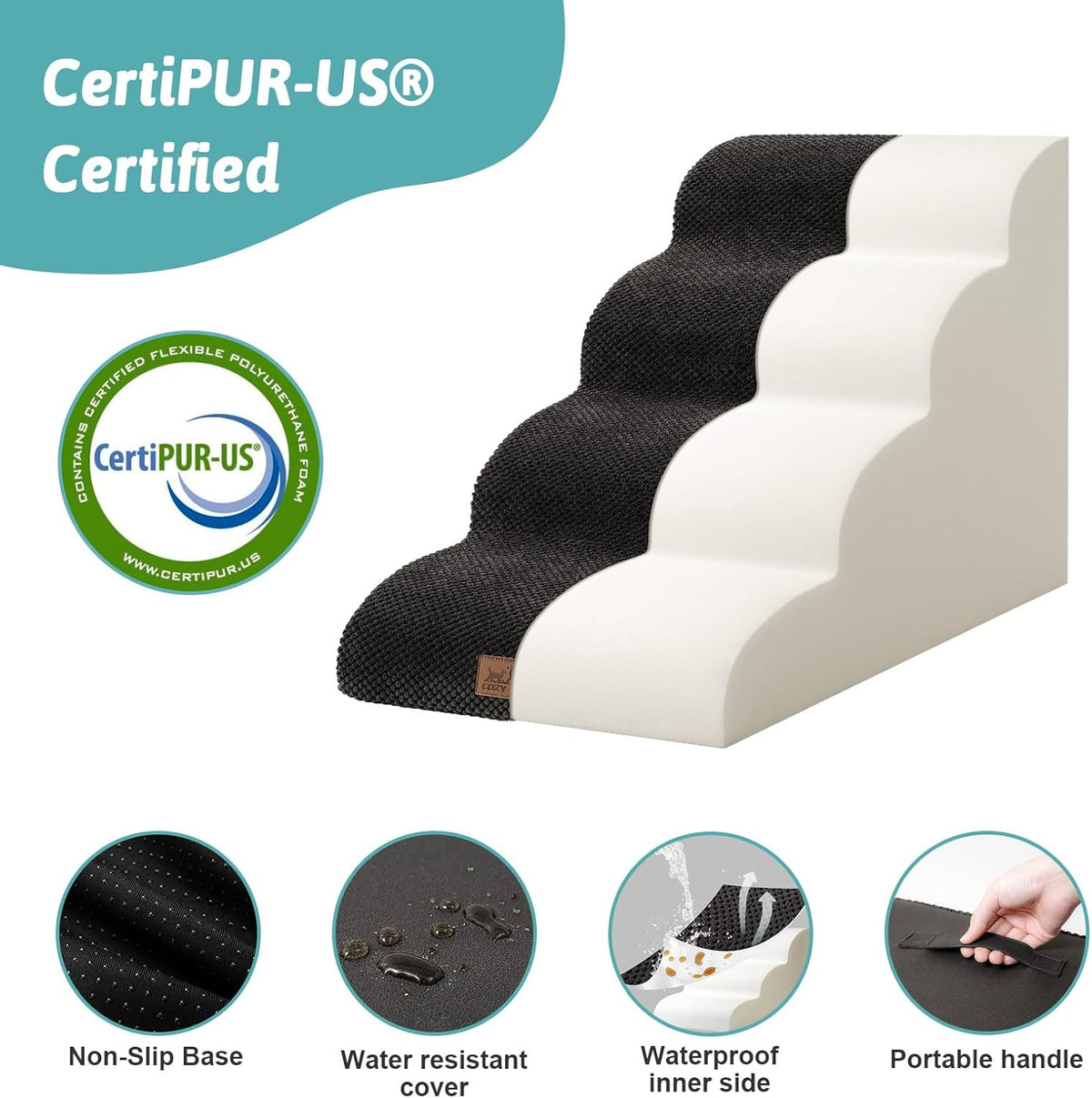 Dog Stairs for Small Dogs 19.7" H, Curved Dog Step for Puppy, Older or Cat, Medium Pet Ramp for Sofa, Couch or Bed, Ladder with High Density Foam, 15.7x28.3x19.7 inch, 4 Step, Black