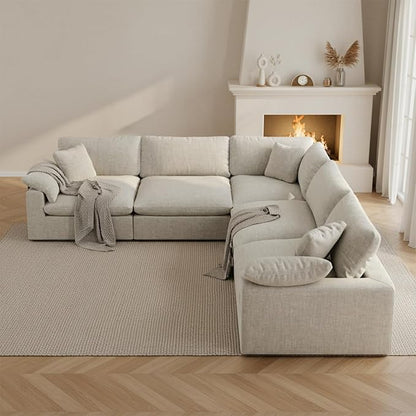Forest aesthetics 211.6" Cloud Modular Sectional Sofa,Light Beige Down Filled Sofa 5 Seat,Minimalist Sofa Cover Washable and Replaceable Couches for Living Room,Sectional Sofa Deep Seat