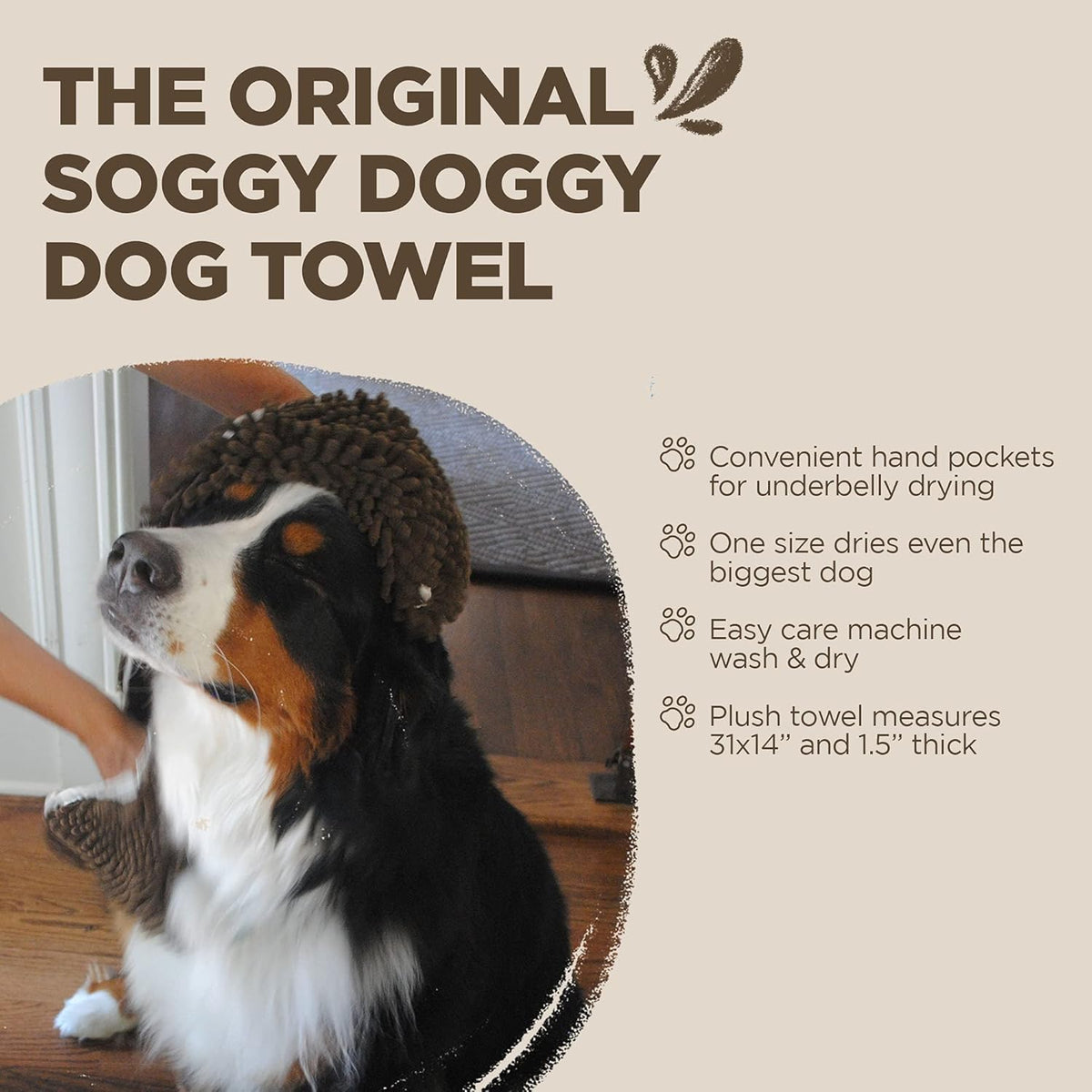Soggy Doggy Super Shammy Dog Towel - Microfiber Chenille Towel for Drying Dogs and Cleaning Paws - Fast Drying with Hand Pockets for Ease (Dark Chocolate/Oatmeal Trim, 31” x 14”)