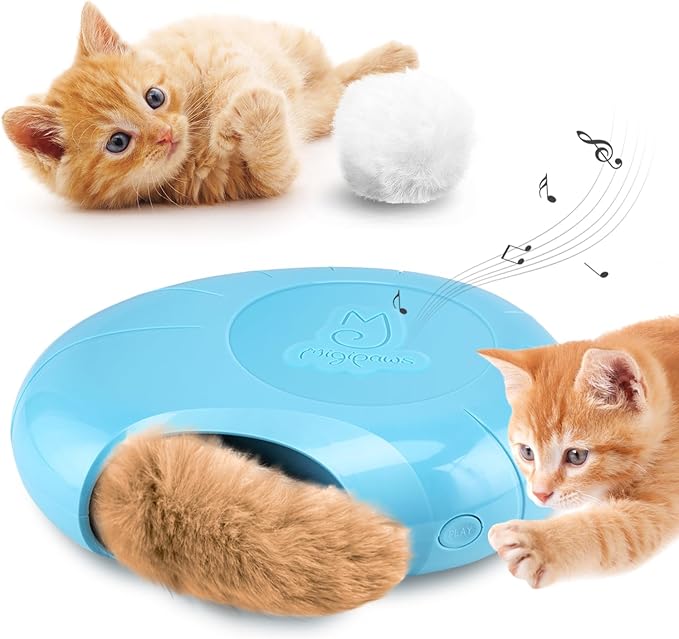Migipaws Cat Toys,Interactive Fluffy Ball,Squeak Hide and Seek in a Mice Hole,Smart Kitten Teaser,Automatic Timer On Off, Plush Fur Tail Refill
