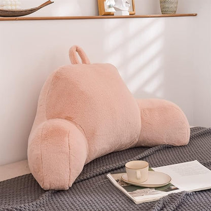 A Nice Night Faux Fur Reading Pillow Bed Wedge Large Adult Children Backrest with Arms Back Support for Sitting Up in Bed/Couch for Bedrest,Pink