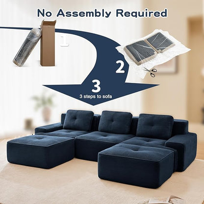 115" Modern Corduroy Cloud Sofa with Ottoman, U Shaped Boneless Modular Large Sectional Couches for Living Room, Blue 3 Seater Compressed Memory Foam Couch, Extra Deep Seat, No Assembly