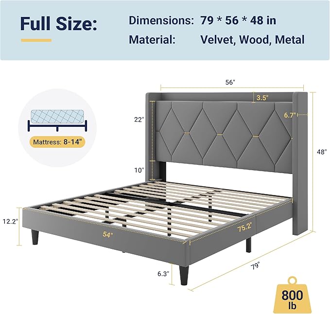 Allewie Velvet Full Size Upholstered Bed Frame with Wingback Storage Headboard & Charging Station, Platform Bed with Diamond Tufted Design & Gold Trim, No Box Spring Needed, Easy Assembly, Grey