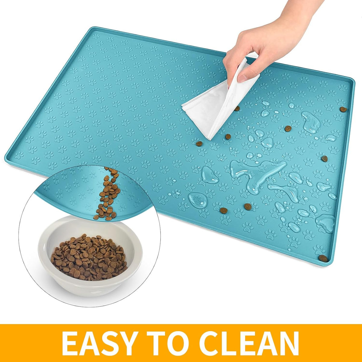 Ptlom Dog Food Mat Anti-Slip Pet Bowl Mats for Food and Water, High-Lips Pet Placemat Prevent Messy Spills to Floor, Waterproof Puppy Feeding Tray for Small, Medium Large Dogs Cats, Silicone