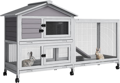 Rabbit Hutch 2-Tier, Small Wooden Chicken Coop with Wheels for Outdoor Use - Weatherproof Small Animal Hutch with Non-Slip Ramp, 4 Access Doors & Removable Tray for Rabbits, Guinea Pigs, Ferrets