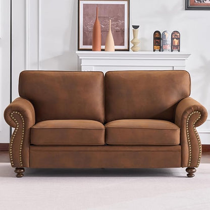Mid-Century Vintage Sofa Couches with Rivet Design,loveseat Sofa,Removable Sofa Cover Upholstered Cushions and Solid Wood Frame (Caramel, Loveseat)