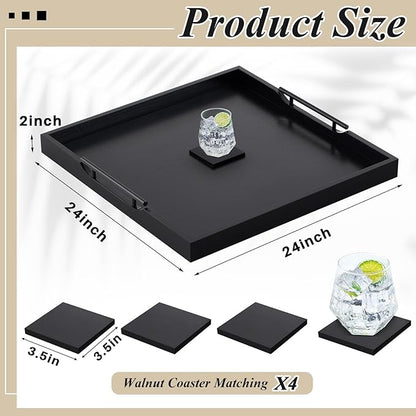 Large Square Ottoman Tray 24 x 24 x 2 Inch Wood Serving Tray with 4 Coasters and Metal Handles for Food Coffee Tea Table Sofa Living Room Home Housewarming Gift(Black)