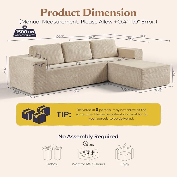 106" Cloud Sectional Couch, Left/Right Facing Convertible Sofa with Deep Seat, L-Shape Modular Upholstered Foam Couch for Living Room Bedroom, No Assembly Required (Corduroy Fabric, Beige)