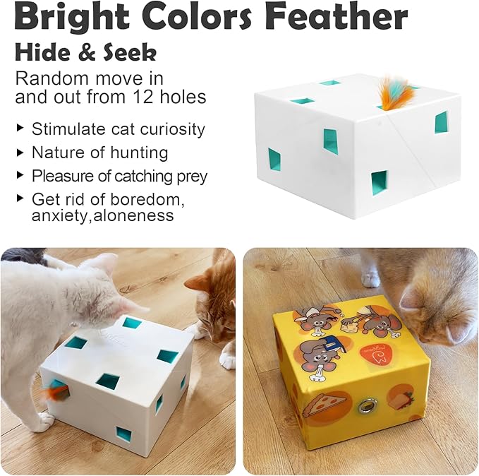 Migipaws Automatic MigiBox Plus Cat Toys 3 n1 Interactive Pounce Mystery Under PopSkin 12 Holes Cardboard Kitten Toys for Indoor Rechargable 8 Accessories(White)