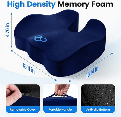 SofterCharm Seat Cushion with Carry Handle, Memory Foam for Tailbone/Sciatica Easing, Chair Cushions for Cars, Desks, Office Chair Cushion with Non-Slip Design, Ideal for Post-Surgery Recovery (Blue)