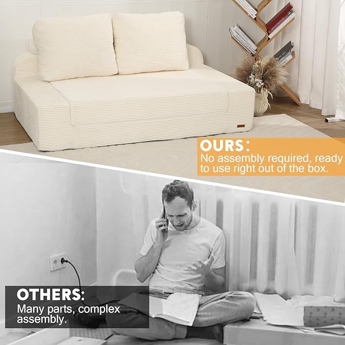 COMAX Convertible Sofa Bed Queen, Folding Floor Couch Corduroy Fold Out Couch Bed Sleeper Mattress with Back Pillows, Boneless Pull Out Loveseat Comfy Futon Lounge for Living Room Bedroom, Beige