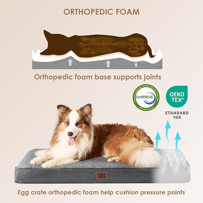 EHEYCIGA Orthopedic Dog Bed Large with Removable Washable Cover, 47IN Grey | Egg Crate Foam Support, Durable Oxford fabric, Non-Slip Bottom, Machine Washable, Soft Waterproof Plush Pet Bed Mat For Crate