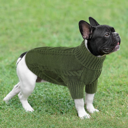 Queenmore Small Dog Pullover Sweater, Cold Weather Cable Knitwear, Classic Turtleneck Thick Warm Clothes for Chihuahua, Bulldog, Dachshund, Pug (Army Green, Small)