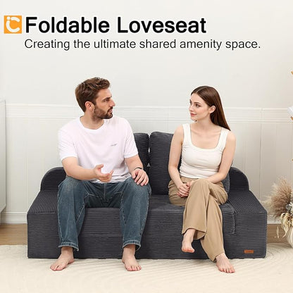 COMAX Convertible Sofa Bed Queen, Folding Floor Couch Corduroy Fold Out Couch Bed Sleeper Mattress with Back Pillows, Boneless Pull Out Loveseat Comfy Futon Lounge for Living Room Bedroom, Grey