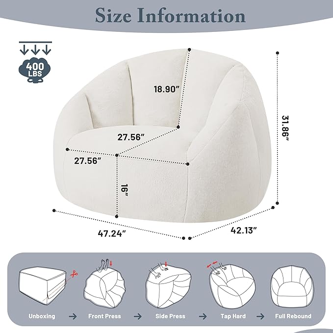 Giant Bean Bag Chair for Adults - Comfy Plush Round Shell Soft Accent Chair, Oversized Cozy Lounge Floor Sofa Reading Chair, Mini Couch for Living Room, Bedroom & Game Rooms, Beige