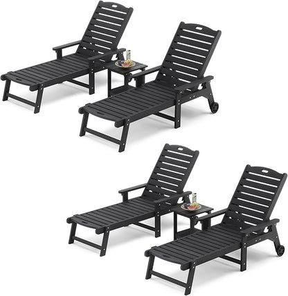 LUE BONA Chaise Lounge Chair with Table, 6-Piece, HDPS Chaise Lounger, 5 Positions Adjustable Lounge Chairs, Pool Lounge Chair with Wheels for Poolside, Backyard, Black