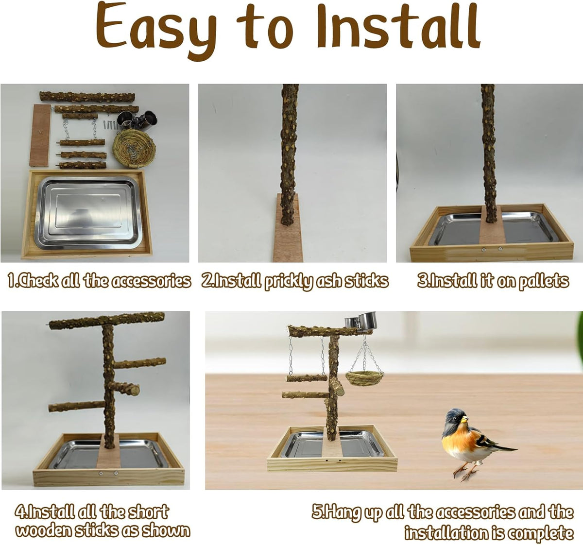 Tfwadmx Bird Perch Natural Wood Stand Toy Parrot Play Stand Platform and Hanging Bird Nests Bird Cage with Removable Tray and 2 Stainless Steel Cups for Parakeets Canaries Cockatiels Conure Lovebirds