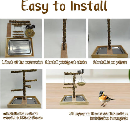 Tfwadmx Bird Perch Natural Wood Stand Toy Parrot Play Stand Platform and Hanging Bird Nests Bird Cage with Removable Tray and 2 Stainless Steel Cups for Parakeets Canaries Cockatiels Conure Lovebirds